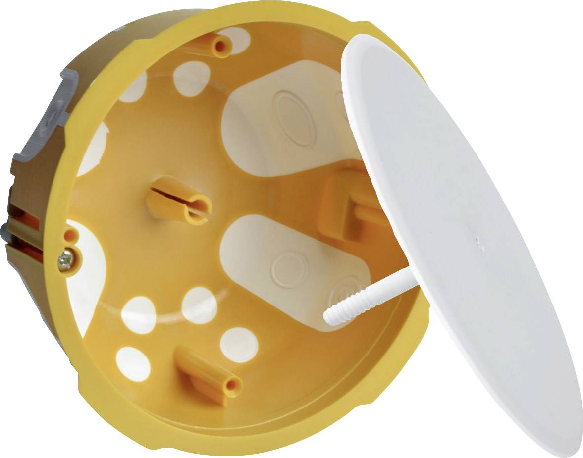 Yellow plastic hollow wall box with a removable white cover and screw mounting, suitable for electrical installations.