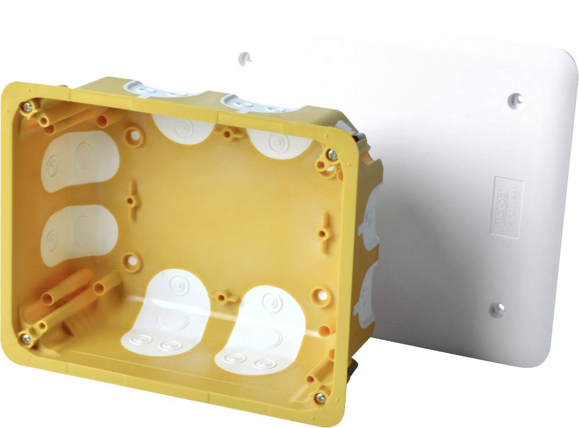 Yellow plastic flush-mounting electrical box with white inlet openings and removable lid.