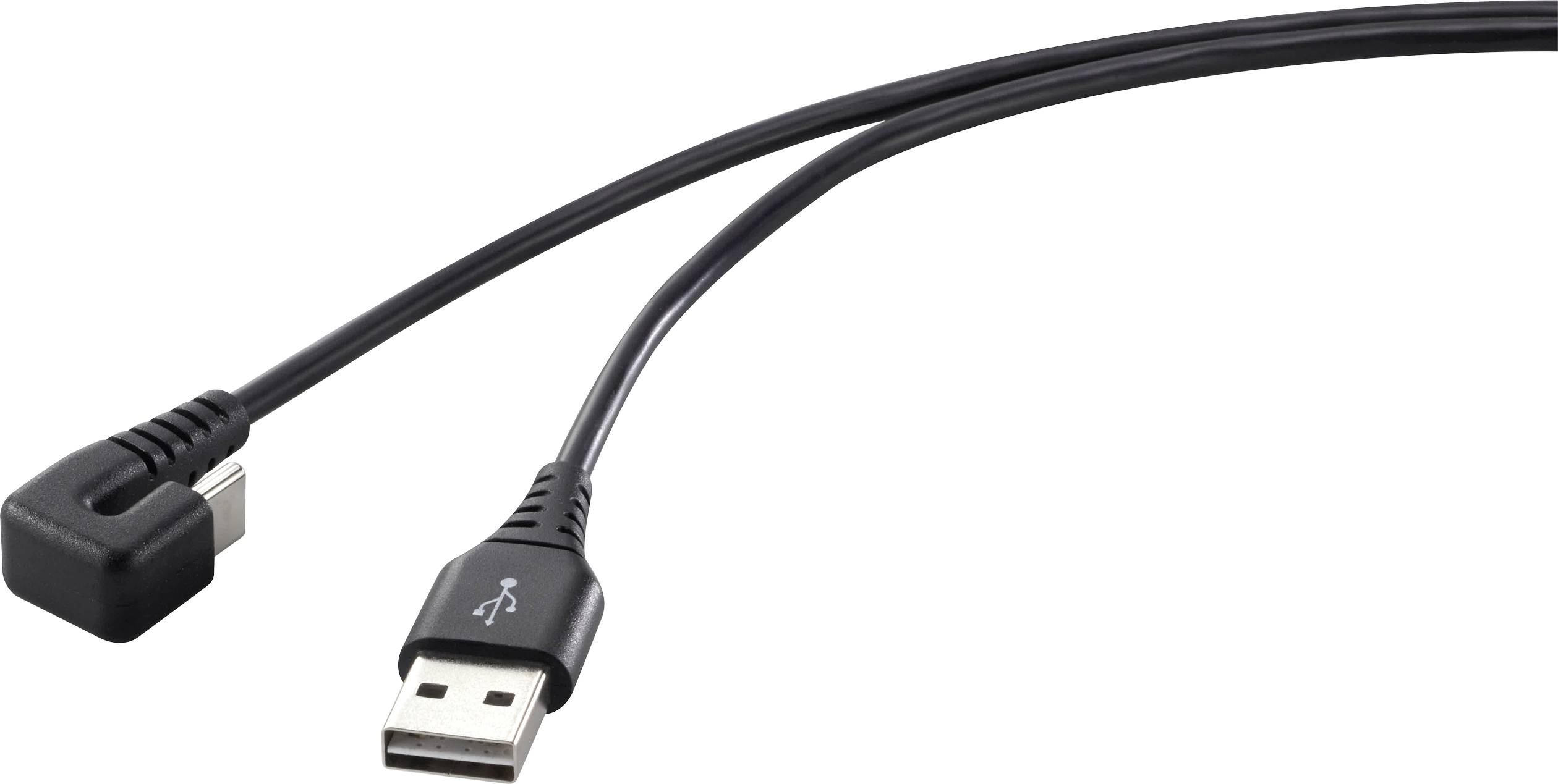 A black USB cable with a right-angled connector on one side and a standard USB plug on the other side.