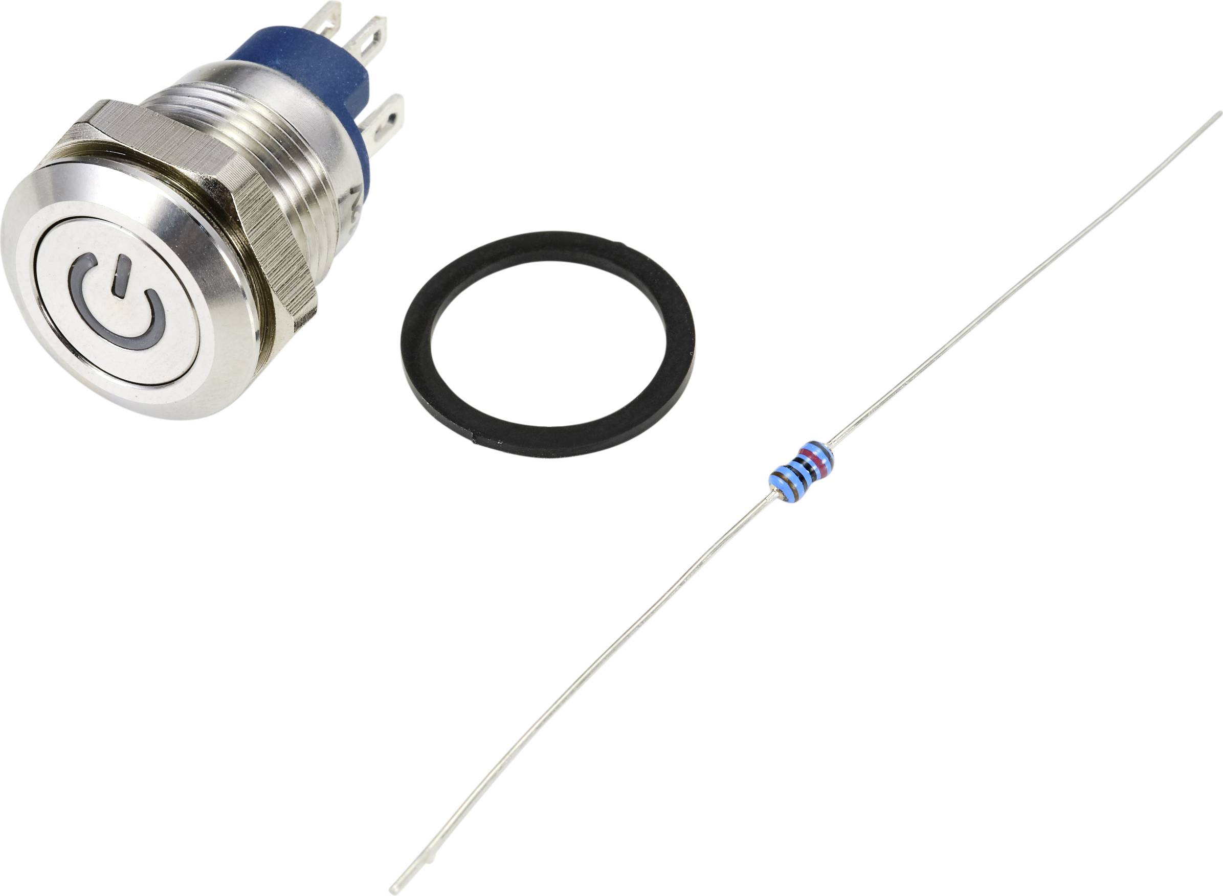 A round metal button with a power on/off symbol next to a small resistor and a black sealing ring.