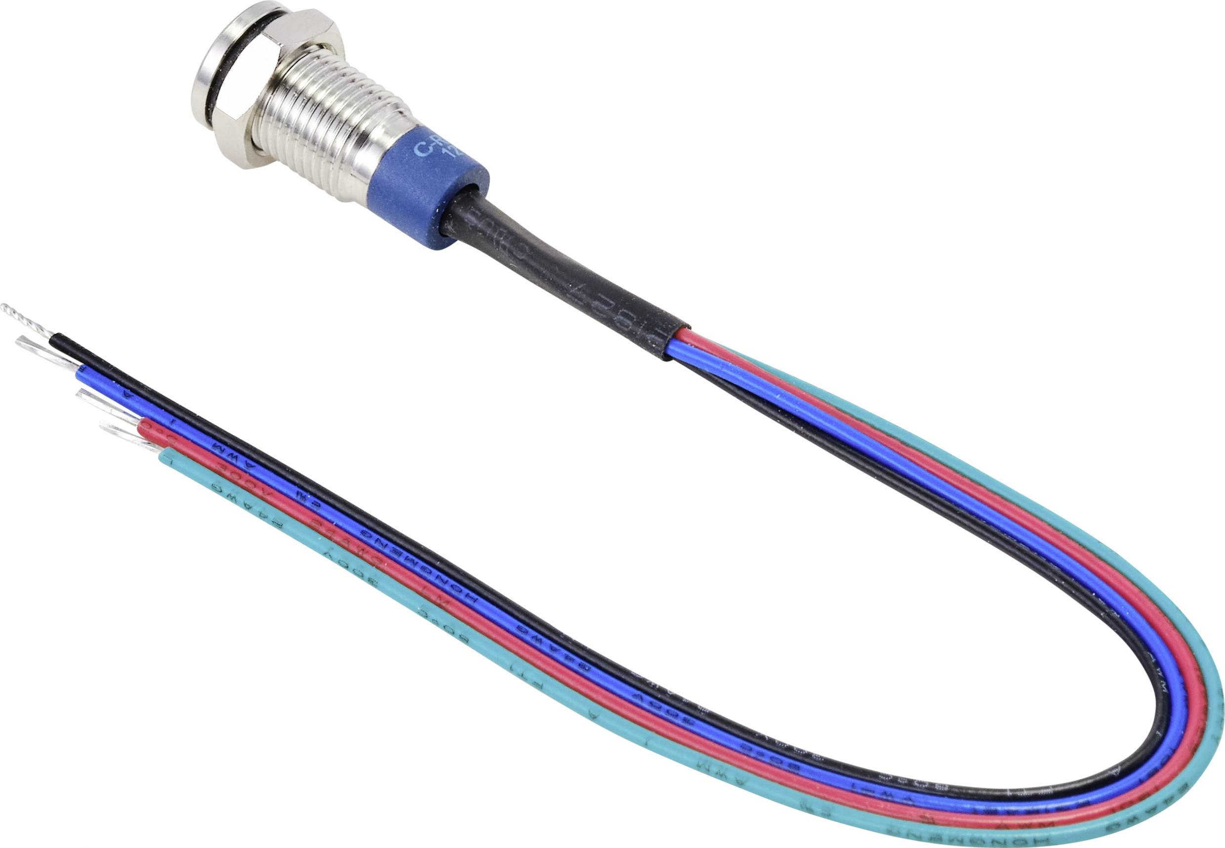 Metal switch with red, blue and black cable for electrical connection.