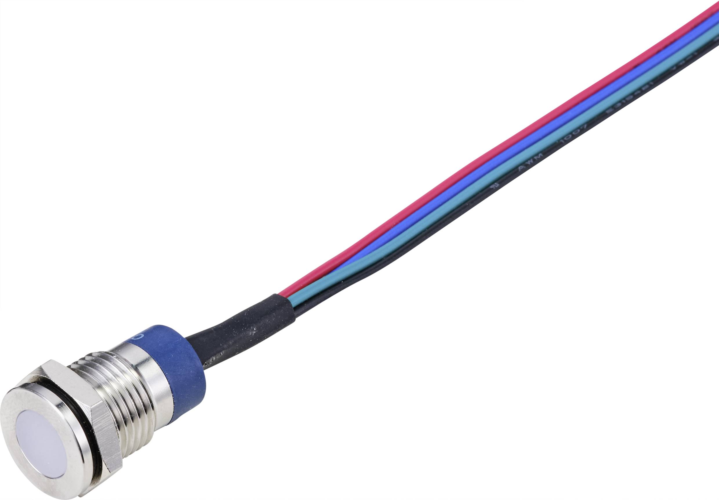 Metal switch with three coloured wires (red, blue, black). Suitable for electronic applications.