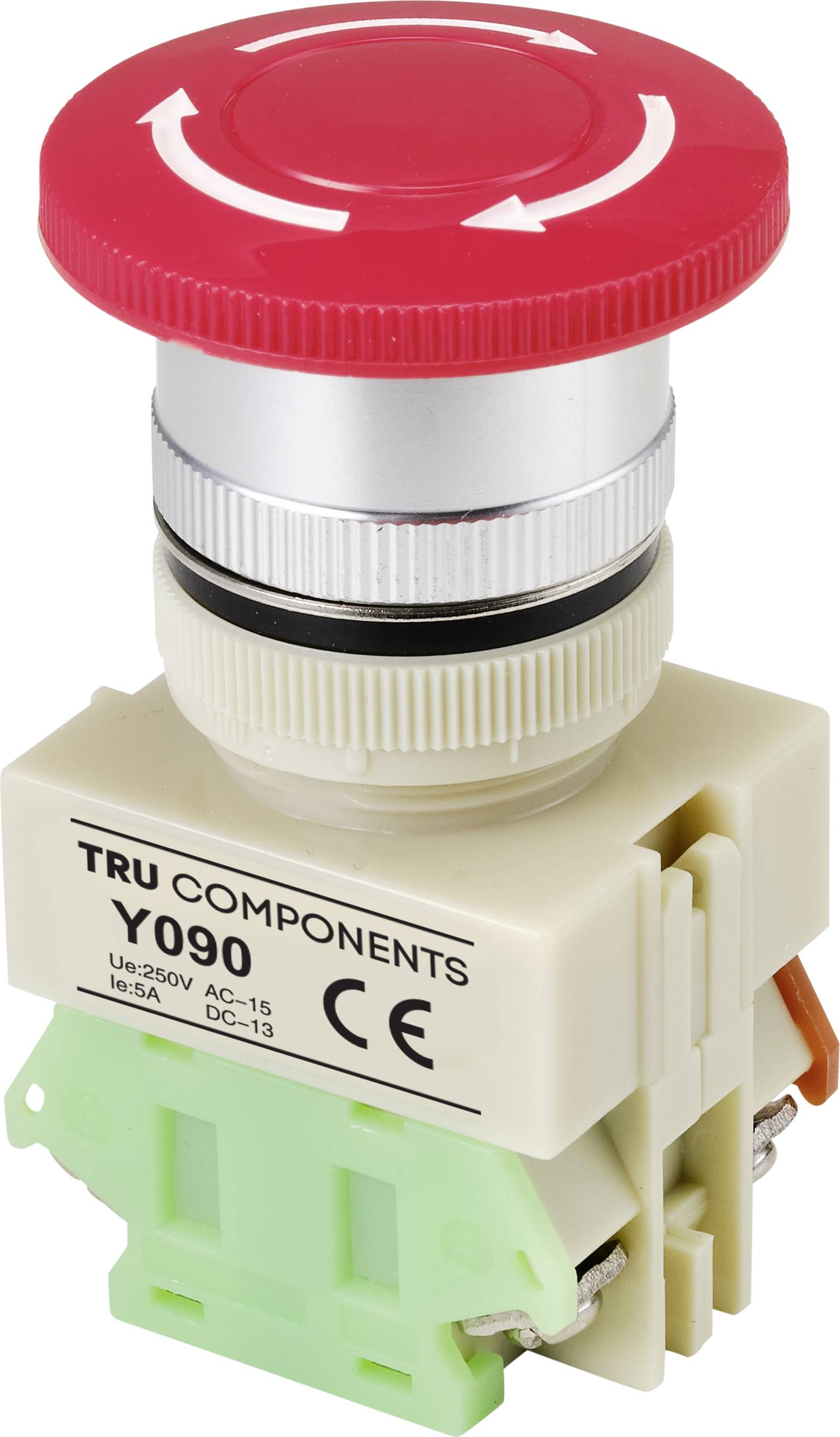 Red emergency stop switch by TRU COMPONENTS, Model Y090, with a silver border on a plastic base. Engraved text: 'Y090, CE'.