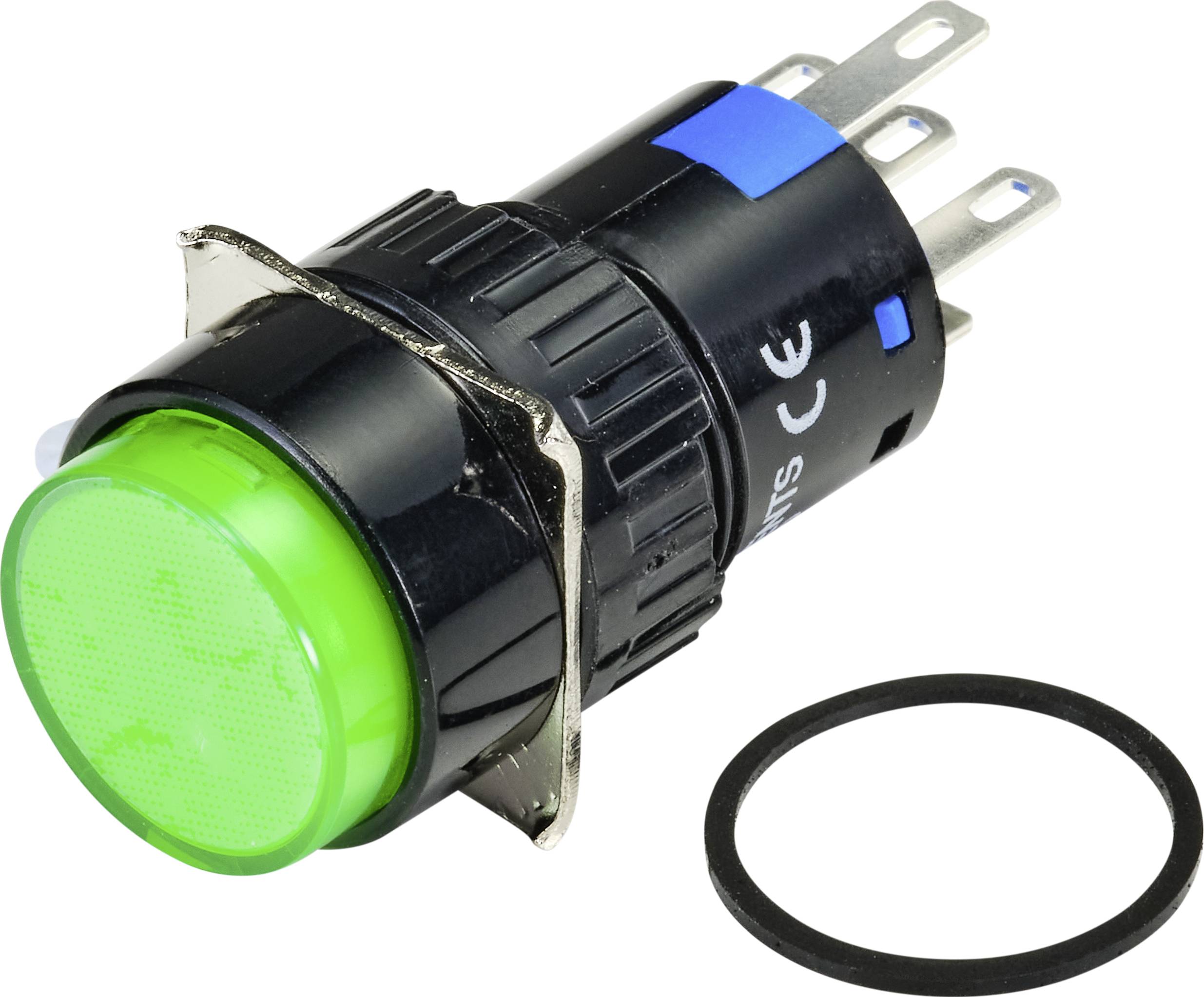 Green push button switch with a round, illuminated head and multiple metal connections. Suitable for electronic devices and control systems.