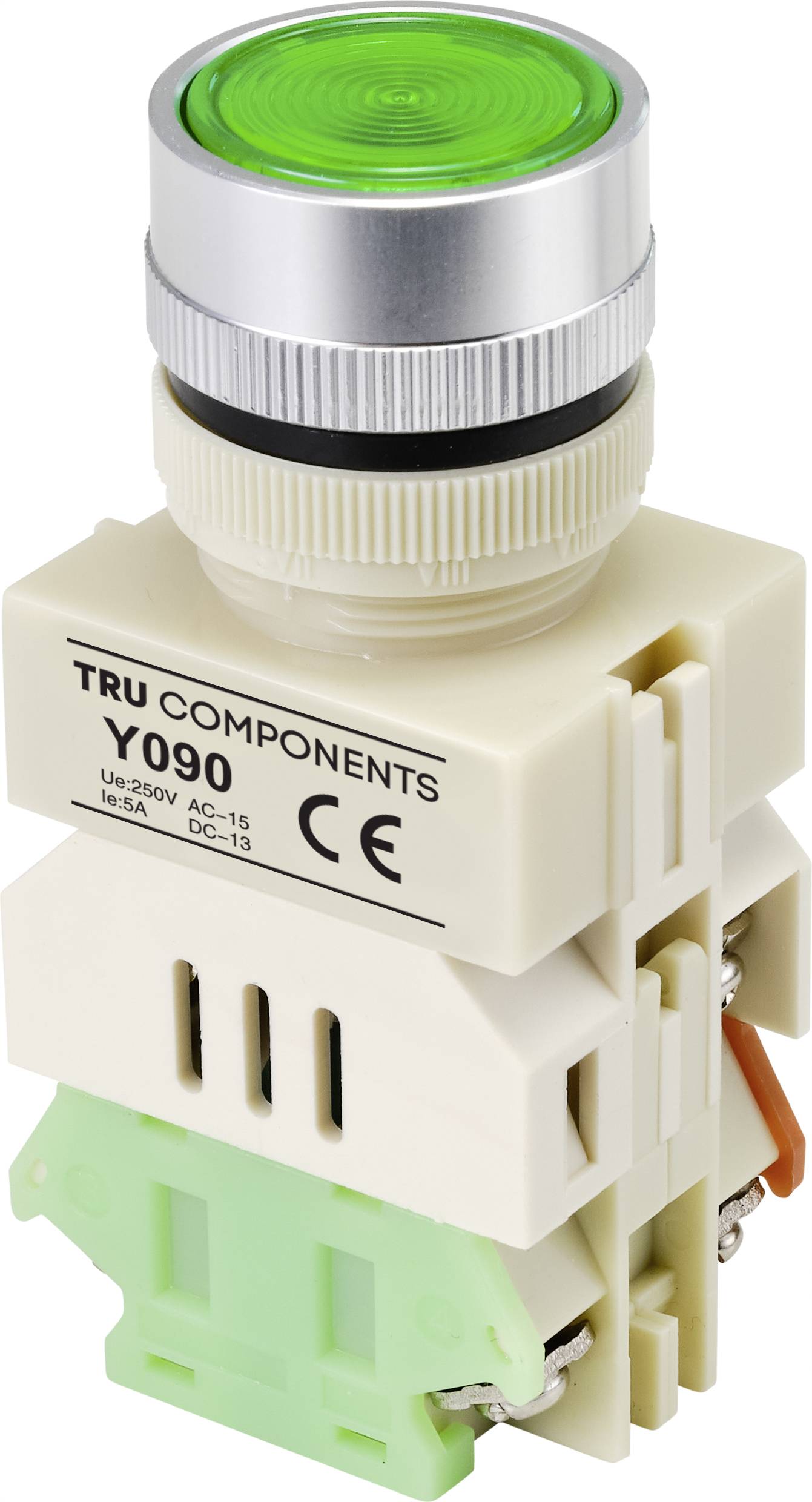 'TRU COMPONENTS' Push Button, green. Model Y090, Voltage: 250V AC-15. With CE marking. Plastic housing, silver ring.