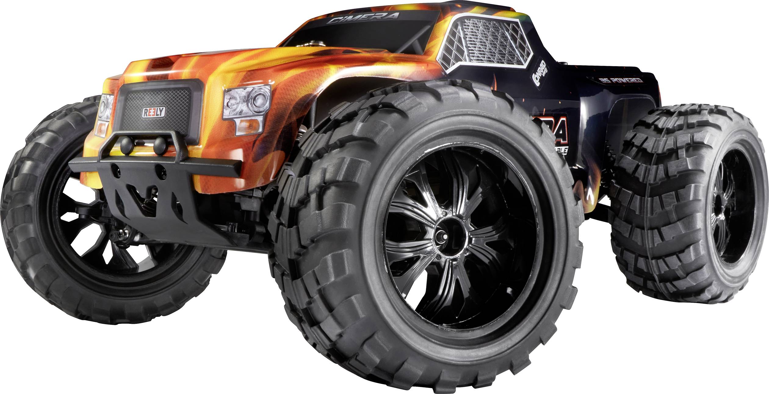 A remote-controlled, orange model car with large, robust tyres against a white background.<br><br>Note the key British English adaptations:<br>- 