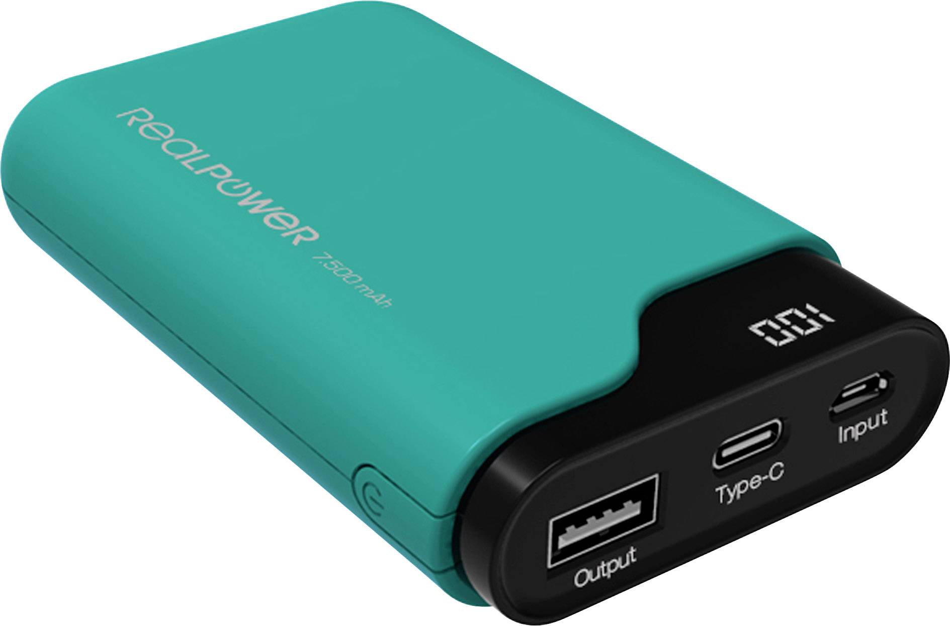 Portable Power Bank with Digital Display, USB and Type-C Ports, Teal Colour.