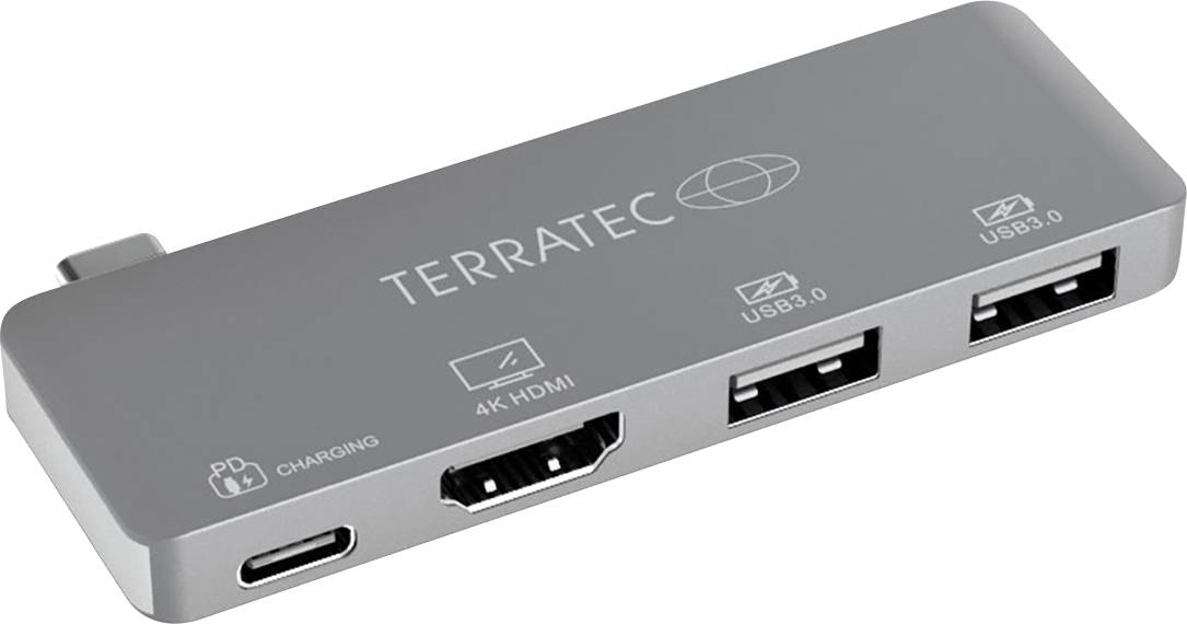 A grey USB hub with 'TERRATEC' branding, featuring a PD charging port and 4K HDMI socket along with two USB 3.0 connections.