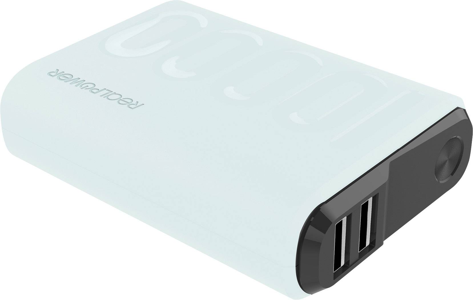 A portable power bank in light blue with two USB ports and a side button.