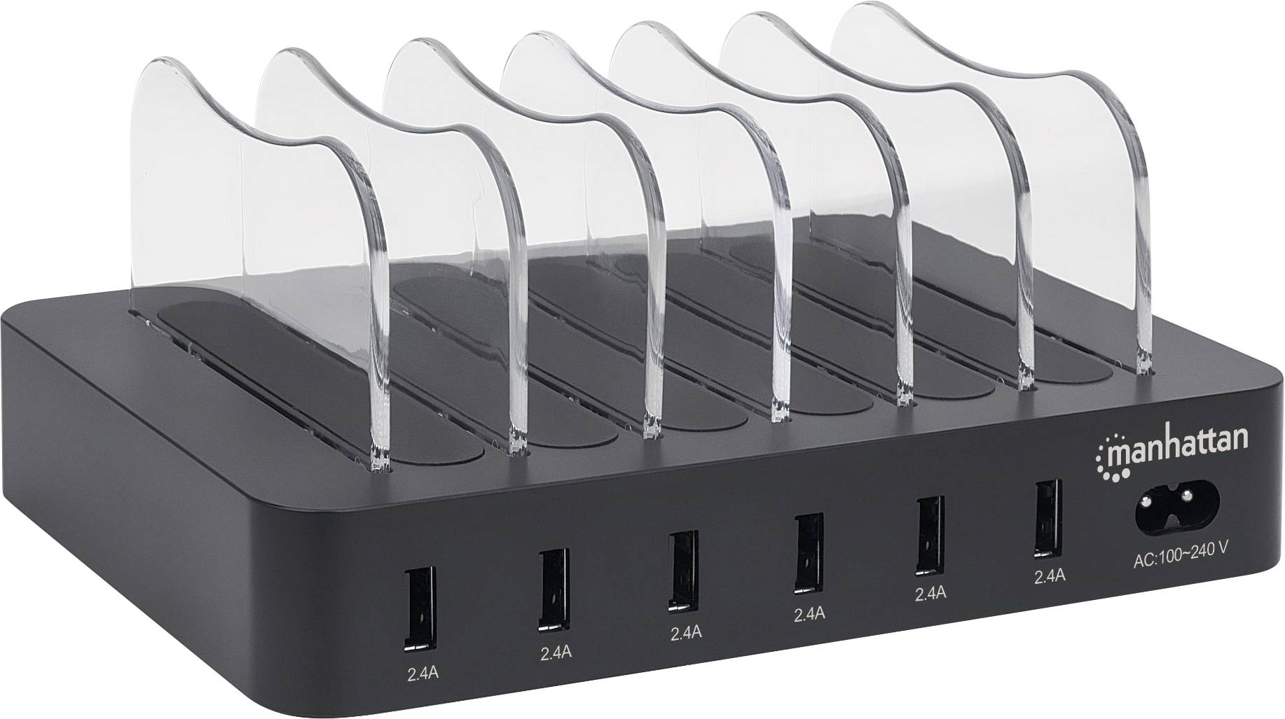 Manhattan 102254 USB charging station 50 W 6x USB-A Black, Transparent Indoors