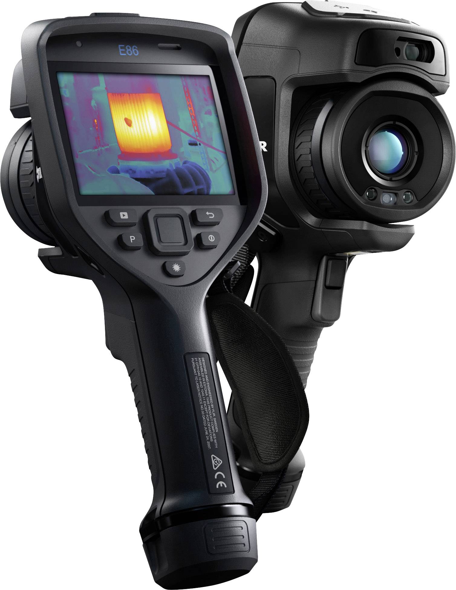 Two thermal imaging cameras with screens displaying infrared images; useful for temperature measurement and technical diagnostics.