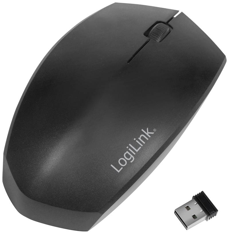 A black wireless computer mouse with USB receiver. Brand 'LogiLink'. The mouse has a scroll wheel and is suitable for PC use.