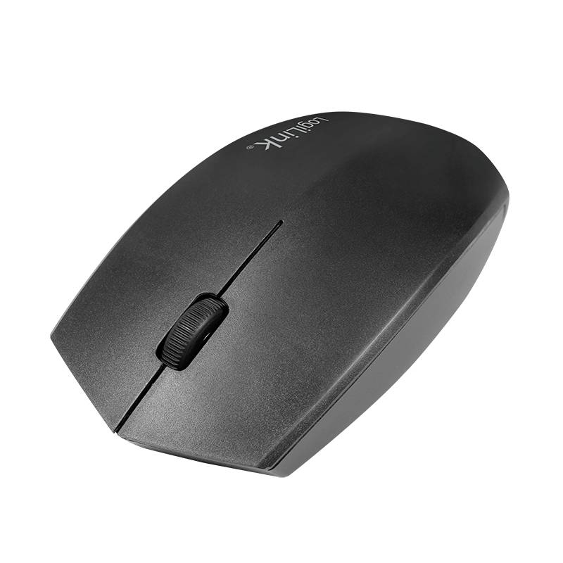 Black wireless computer mouse with scroll wheel, minimalist design.