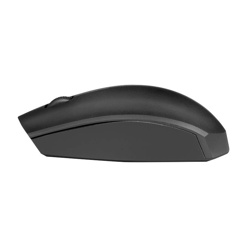 Black wireless computer mouse with ergonomic design, side profile, showing the shape and view of the scroll wheel.