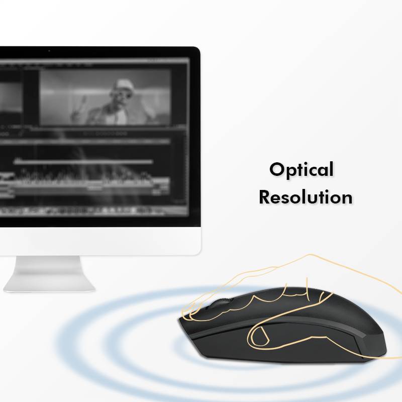 Image of a computer mouse next to a monitor with an open video editing programme. Text 'Optical Resolution' is visible to the right of the mouse.