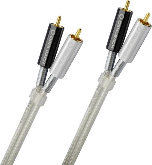 Audio cable with two plugs, one black and one silver, with the inscription 'Oehlbach'. Connects audio sources.Translation:Audio cable with two plugs, one black and one silver, bearing the 'Oehlbach' label. Used for connecting audio sources.