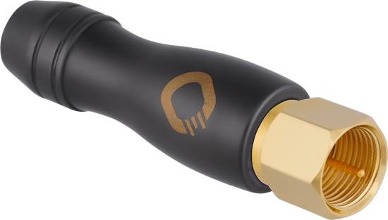 Black, ergonomic antenna adapter with gold screw fastening and a logo on the side.