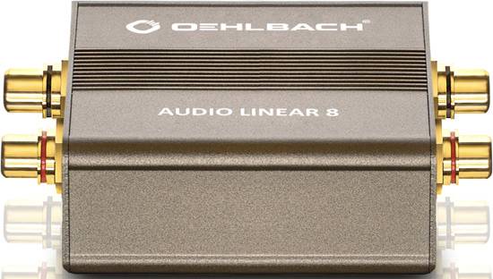 A brown audio converter by Oehlbach with the inscription 'Audio Linear 8' and multiple RCA connections on the sides.