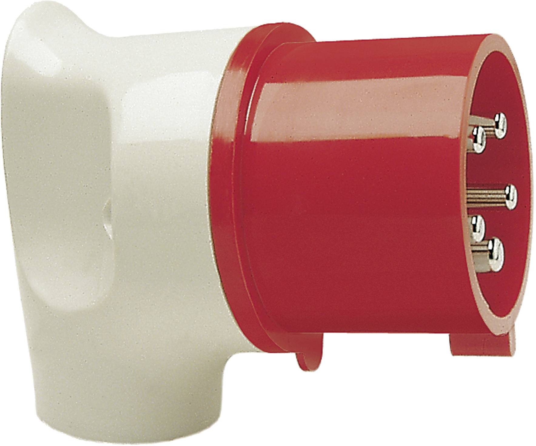 Red, round industrial plug with five metal pins and a white housing. Used for high-voltage connections.