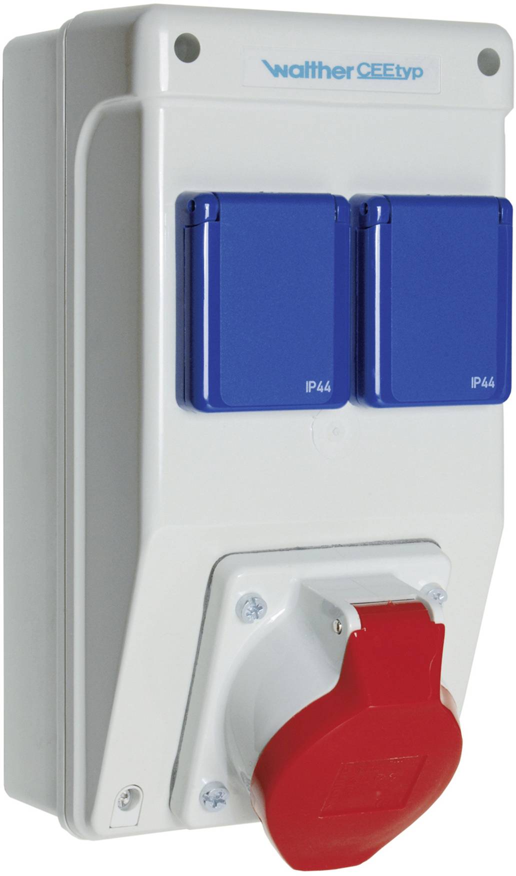 Electrical socket with two blue and one red terminal, suitable for IP44 applications.