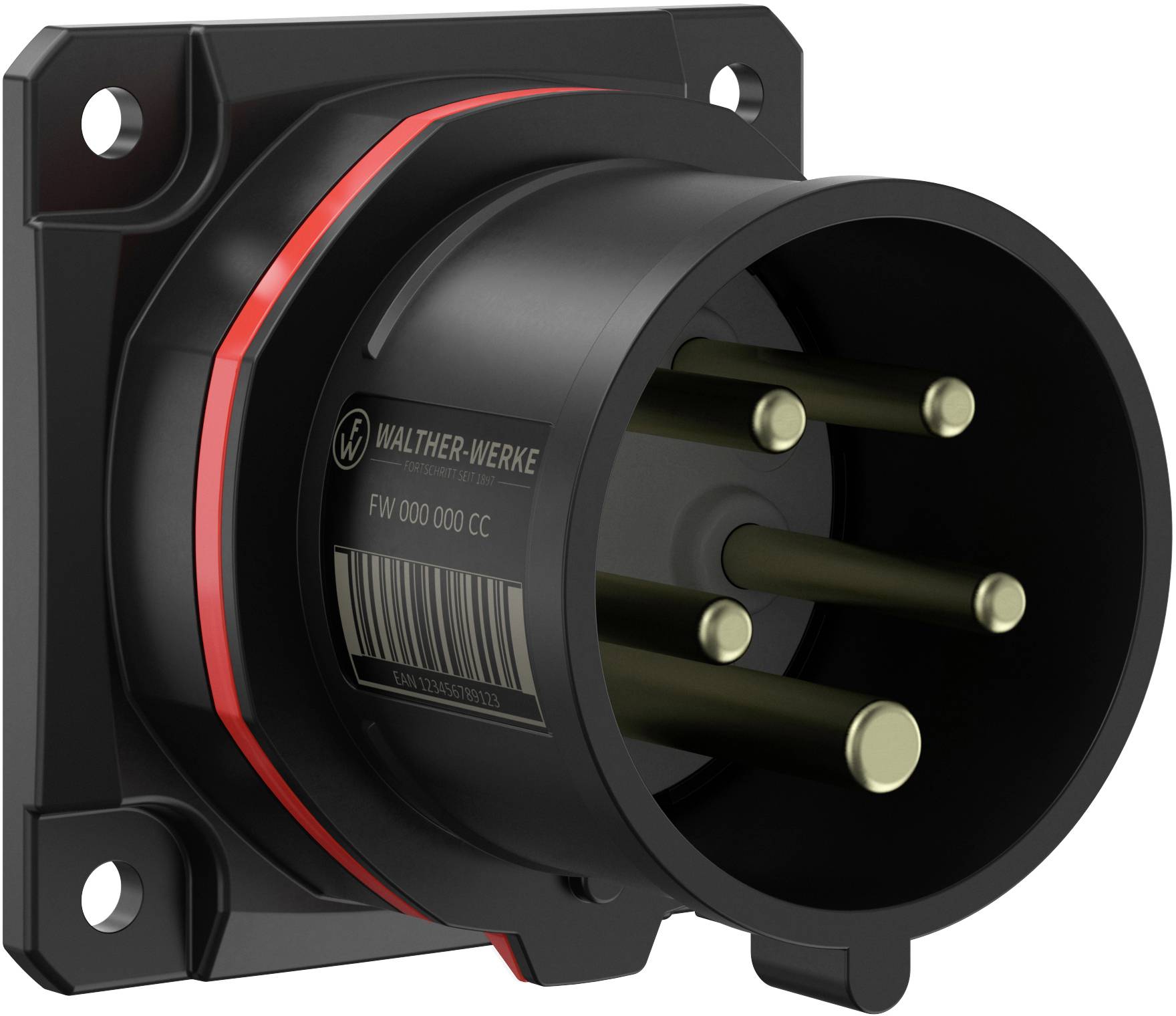 Industrial connector with four pins, black housing and red ring. Suitable for industrial applications, robust design.
