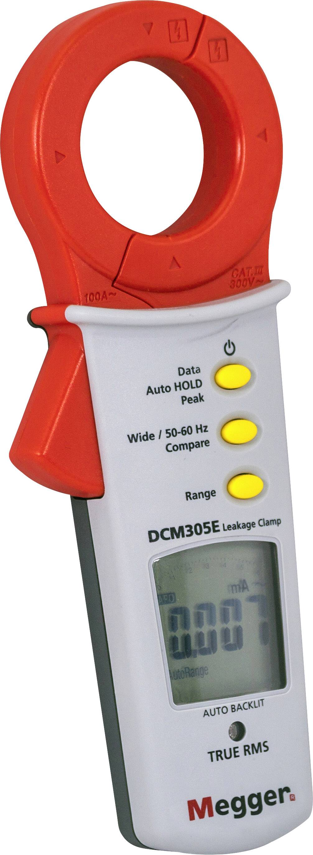 A Megger insulation resistance meter with a red current clamp, digital display, and yellow function buttons.