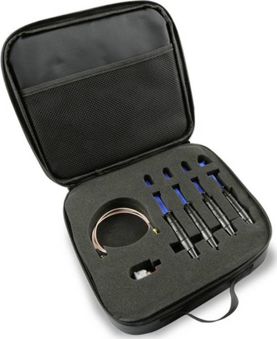 A black case with foam lining, containing various tools and cables, including several black pens and a copper roll.