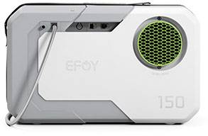 A white portable energy source with the inscription 'EFOY 150', showing a green, honeycomb-shaped ventilation grille and cable connections.