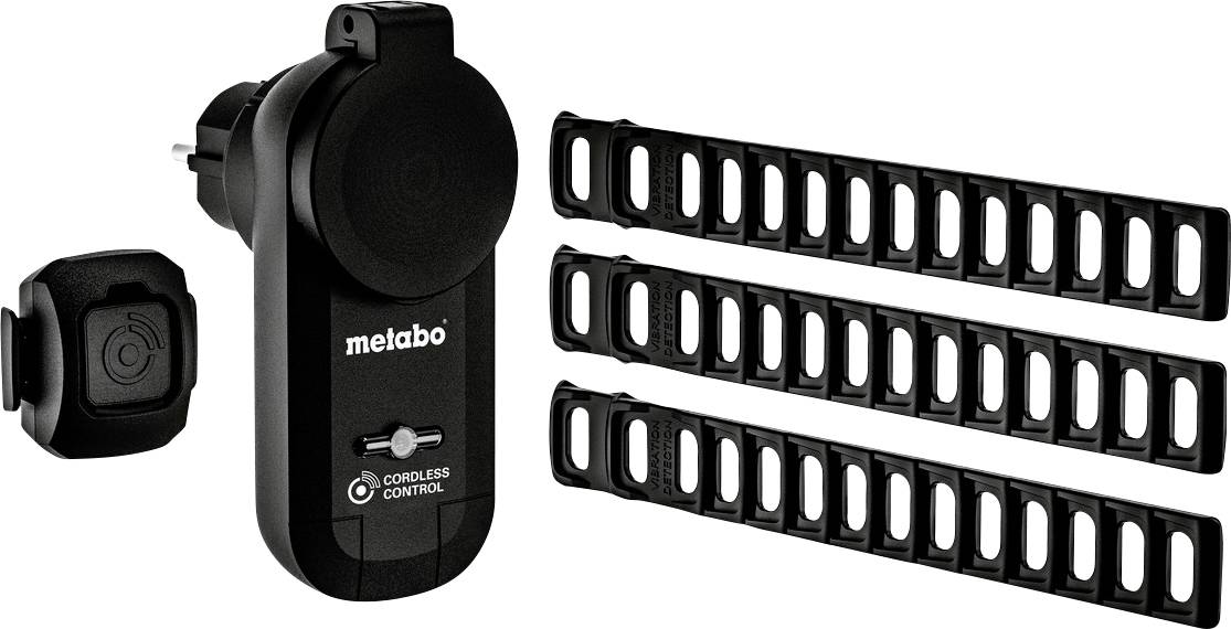 Metabo Cordless Control dust extractor remote with receiver and three mounting strips shown on a white background.