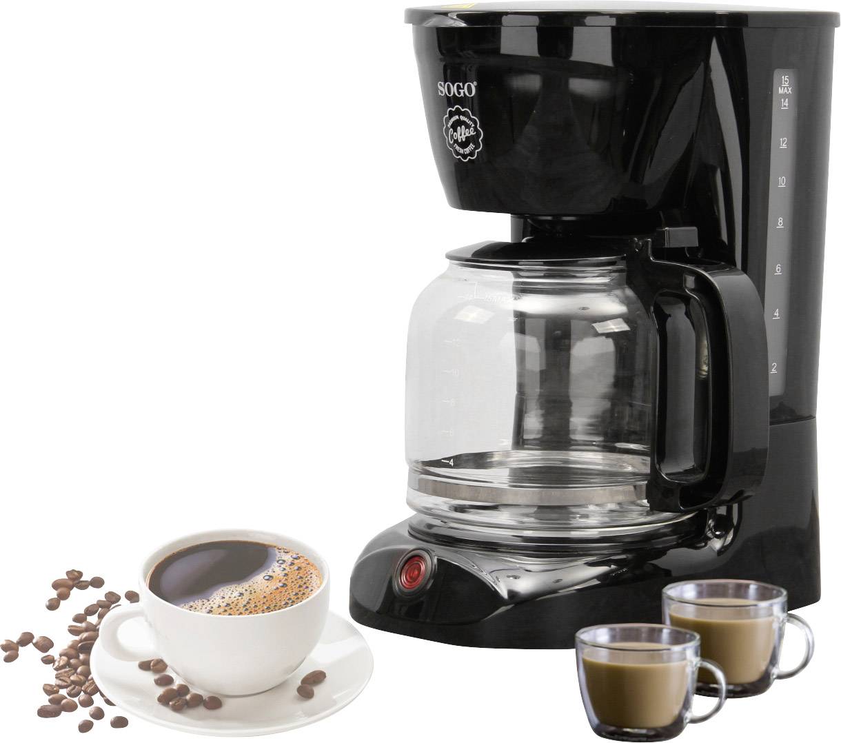Black coffee machine with glass carafe, next to a cup of coffee and two espresso cups, with some scattered coffee beans.