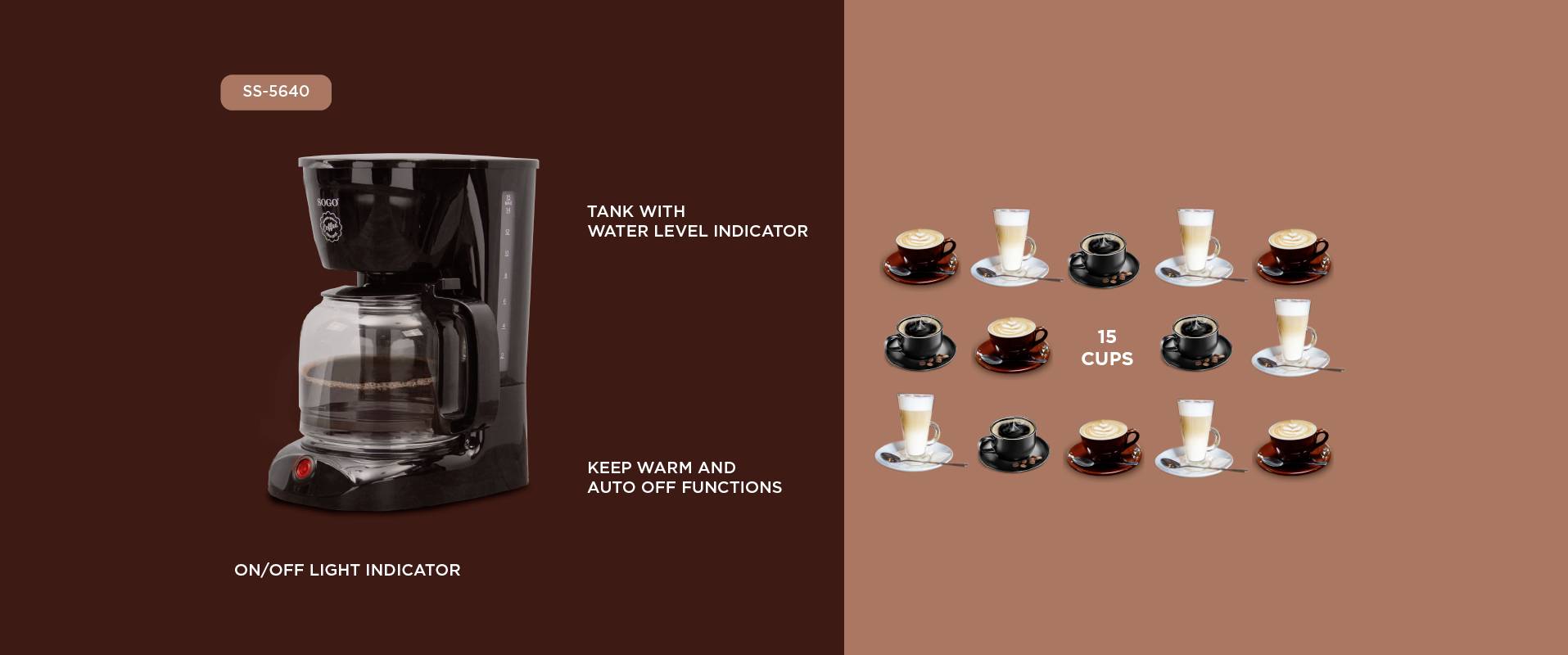 Coffee machine with water level indicator, power on/off light, keep-warm function and automatic shut-off. Shows capacity for 15 cups of coffee.