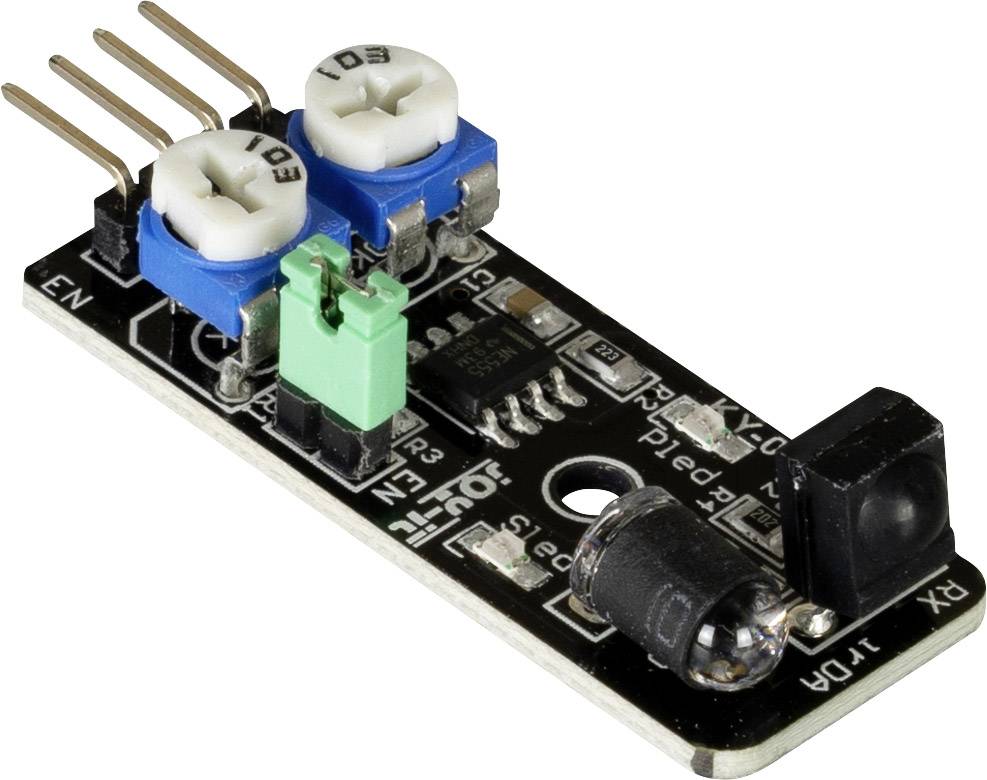Infrared distance sensor module with blue potentiometers, black integrated circuit chip and pins on a black circuit board.