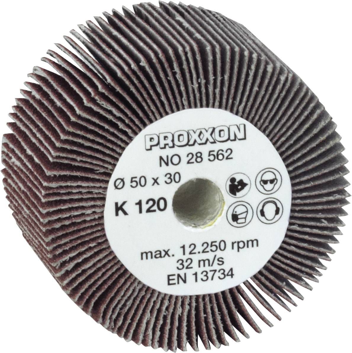 'Proxxon Grinding Disc, Ø 50x30, G120, max. 12,250 rpm, 32 m/s, EN 13734' on label. Suitable for precision grinding.