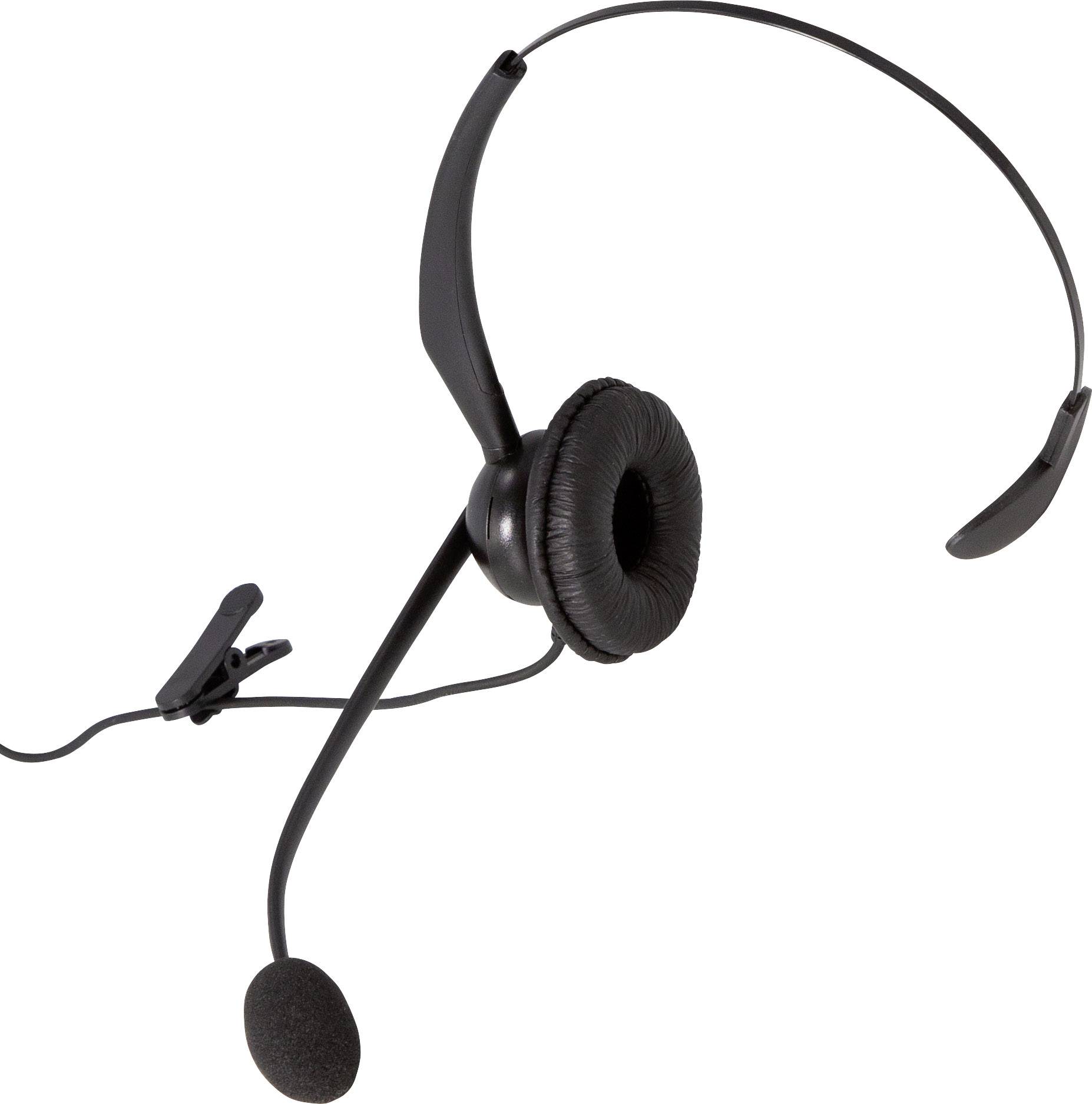 A black headset with a boom microphone and an earpiece, suitable for use in call centres or for online meetings.