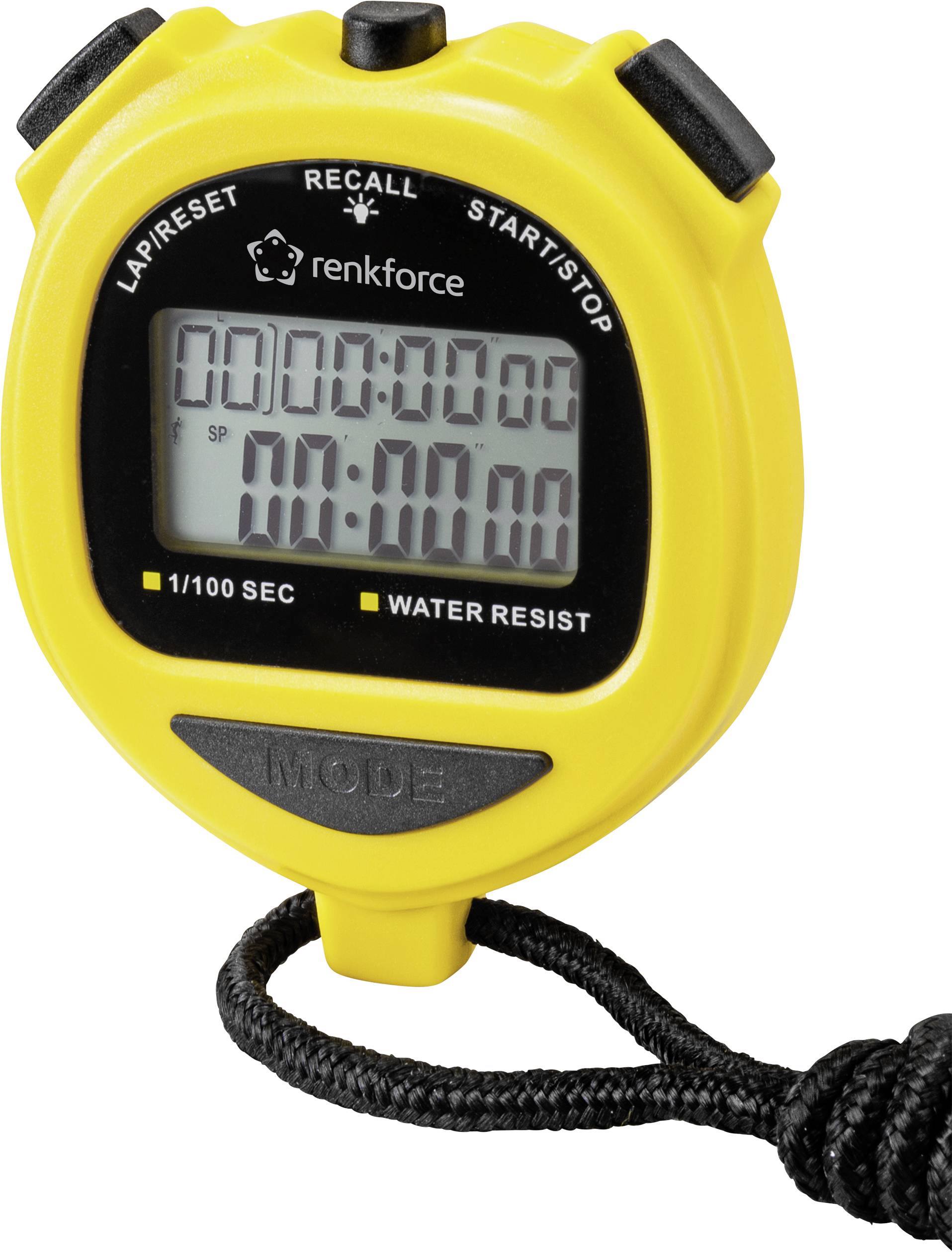 Yellow stopwatch with Lap/Reset, Recall, and Start/Stop buttons. Displays time in hours:minutes:seconds format, water-resistant.