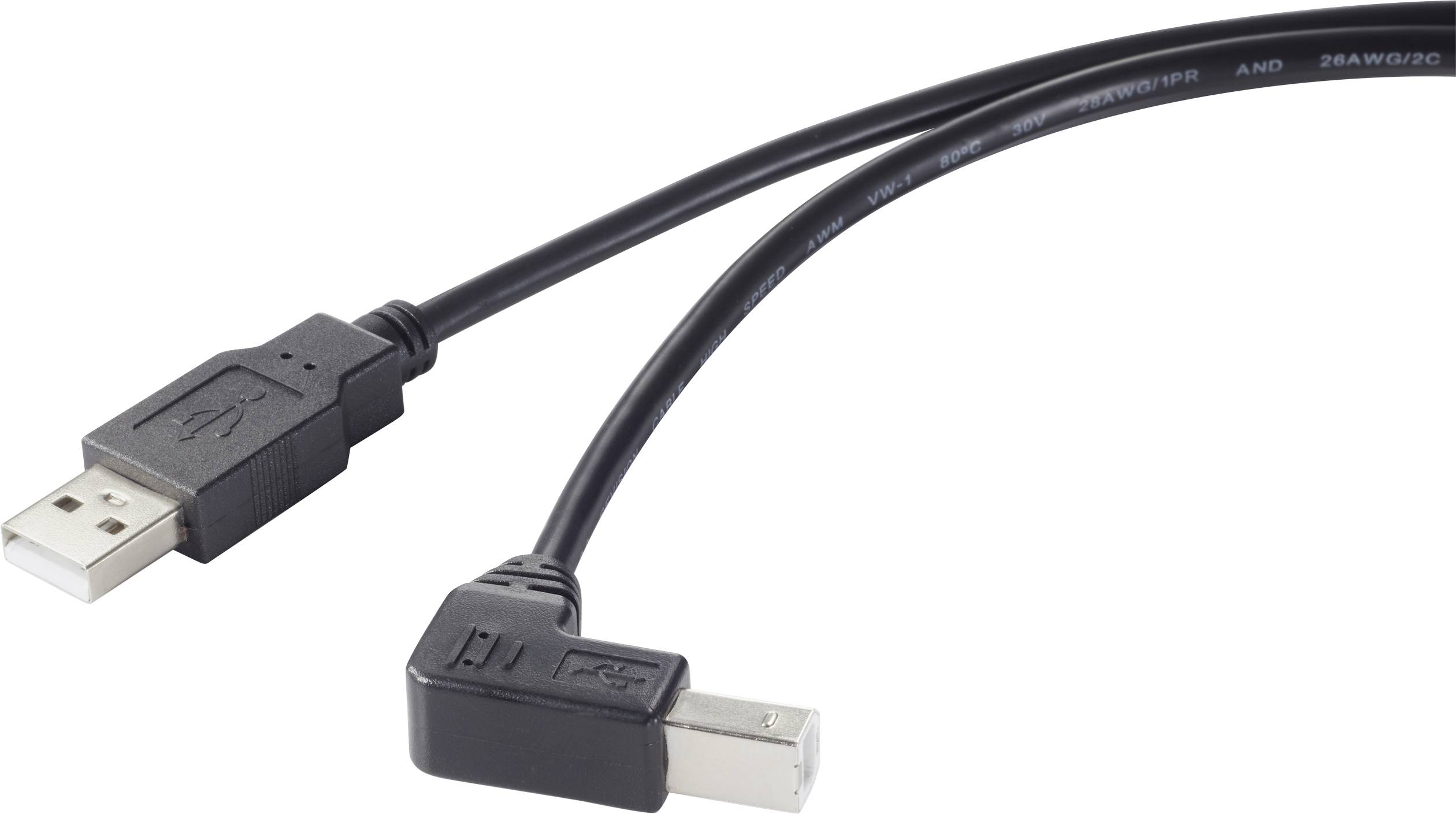 A black USB cable with a standard USB-A plug and an angled USB-B plug, used for device connections.