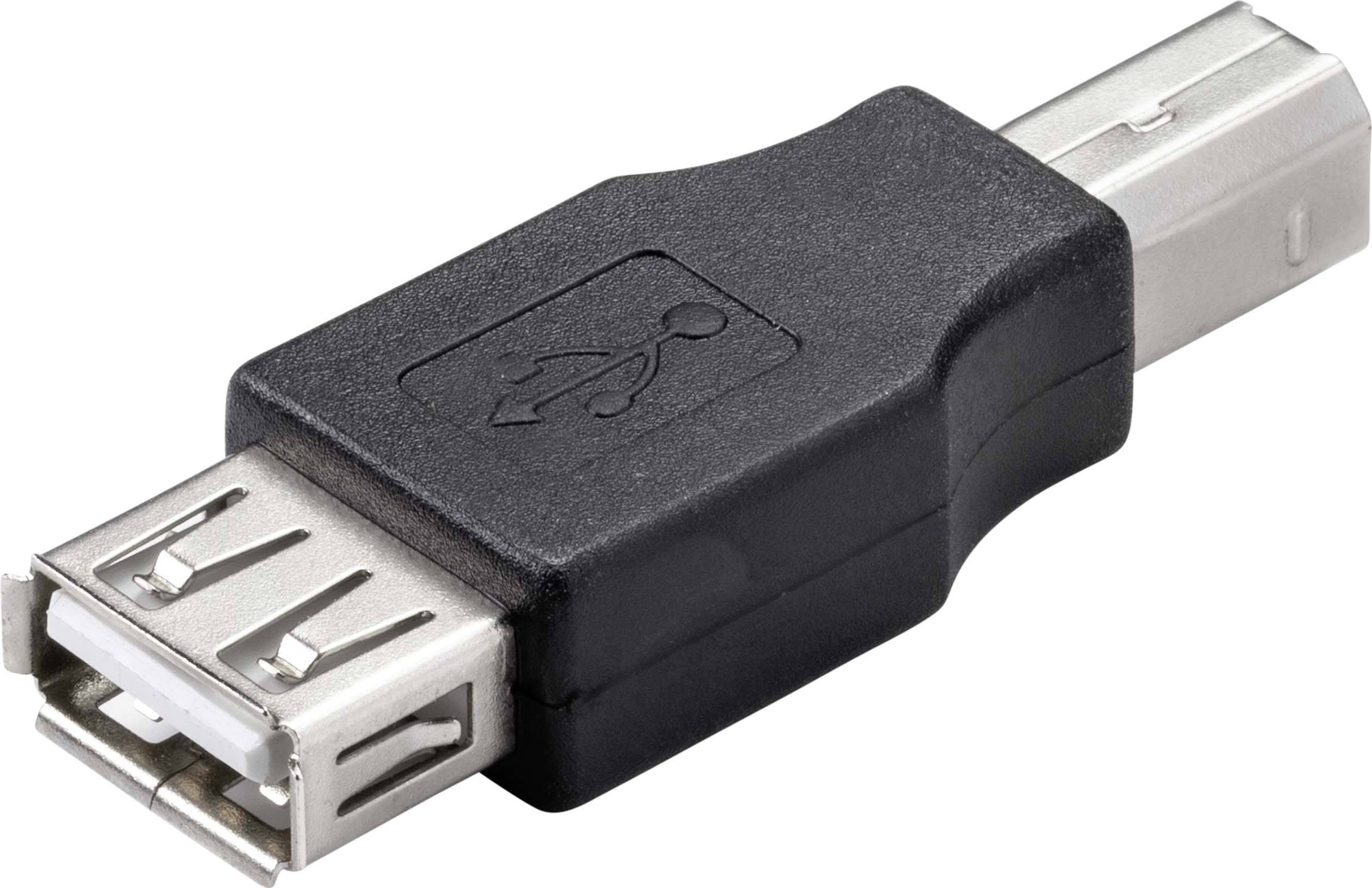 A USB adapter converting from USB-A socket to USB-B plug, on a white background.