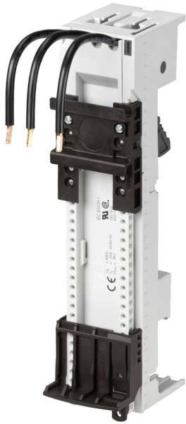 An electrical DIN rail adapter with black cables on top. Housing made of white plastic with a black holder at the bottom and in the centre.