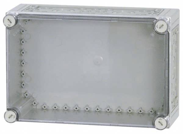 Rectangular, grey plastic box with a transparent lid, secured by four screws at the corners.