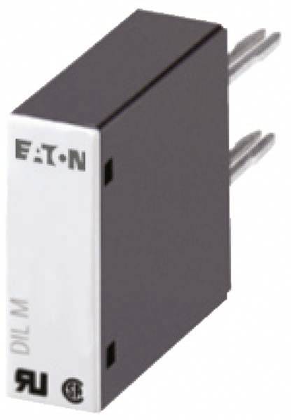 Compact black and white electronic switch by Eaton, Model DIL M, with connections on the rear. Suitable for electrical applications.
