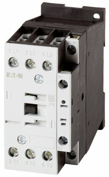 A white electrical contactor with screw terminals and the label 'EATON'.