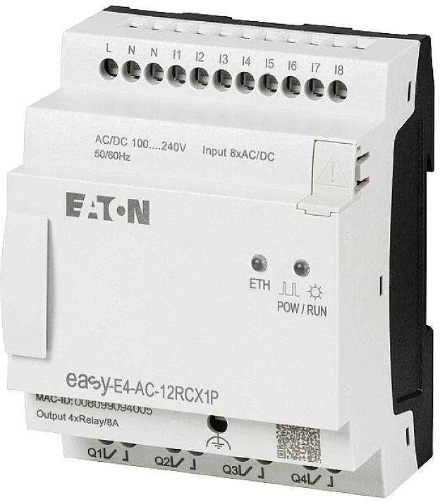 An electrical control unit with the 'Eaton' imprint and model number 'easyE4-AC-12RCX1P', displaying input and output connections.
