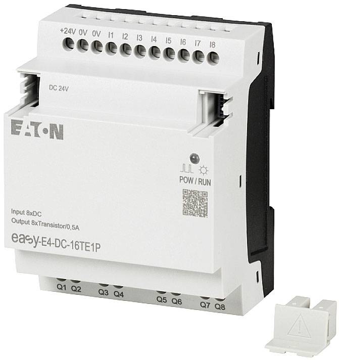 An automation device, Eaton easyE4 model, with indicators and connections. Used for control applications.