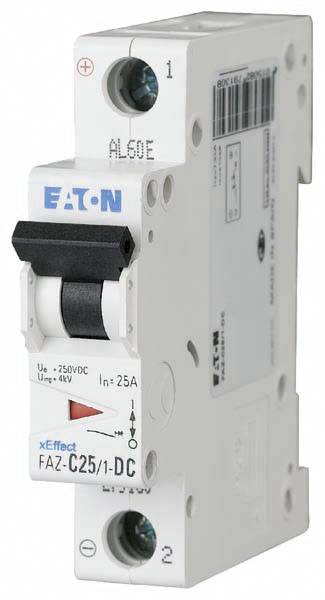 Eaton electrical protective switch, model FAZ-C25/1-DC, suitable for 250V DC and 25A, with lever and product details on the side.