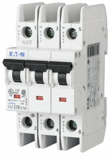 Circuit breaker with three switches and technical specifications. Labels include voltage and current rating.