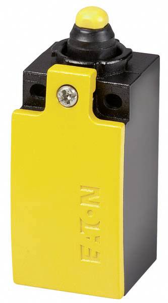 Yellow and black tactile switch with a round button, EATON logo on the side.