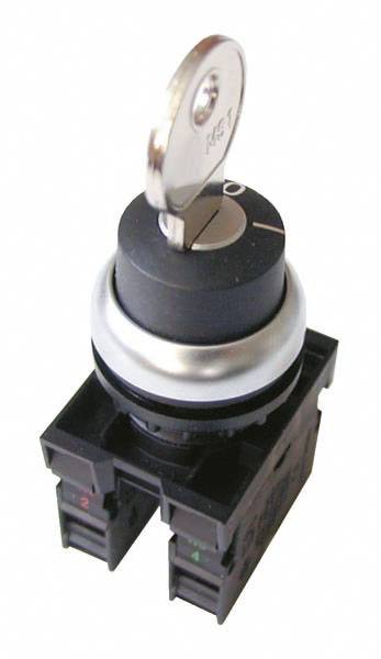 Two-position key switch (on and off), key inserted. Used in control systems or device safety.
