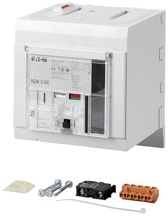 'Compact Eaton NZM 3-XR Circuit Breaker' with accessories: screws, fuse element, and cable clamp.