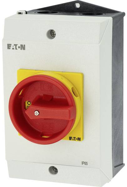 A red industrial switch box with a yellow rotary ring pointing to '0'. Text: 'EATON IP65' indicates water resistance class.