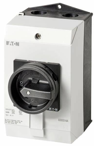 A grey, rectangular Eaton rotary switch with a black rotary handle and markings.